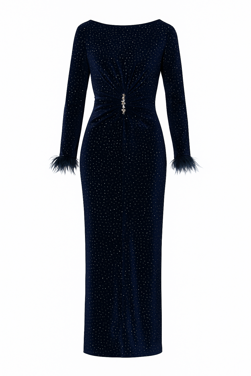 Evening Gown Long Sleeves with Feathers and Luxurious Sparkle