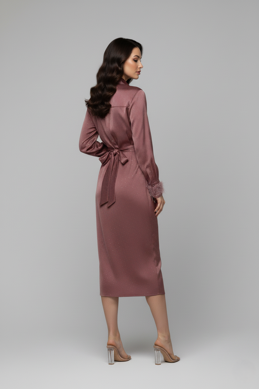  فستان سهرة ساتان سترس وريش 