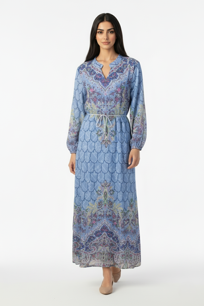 جلابية نسائية شيفون مزركش مع حزام ضفيرة أنيق