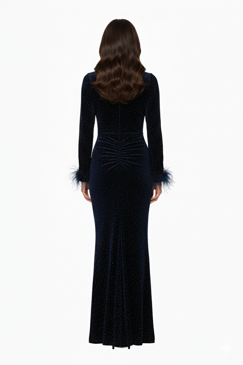 فستان سهرة بأكمام طويلة مع ريش وبريق فاخر