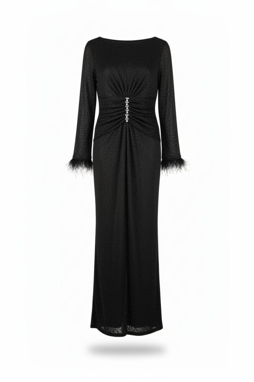 فستان سهرة بأكمام طويلة مع ريش وبريق فاخر