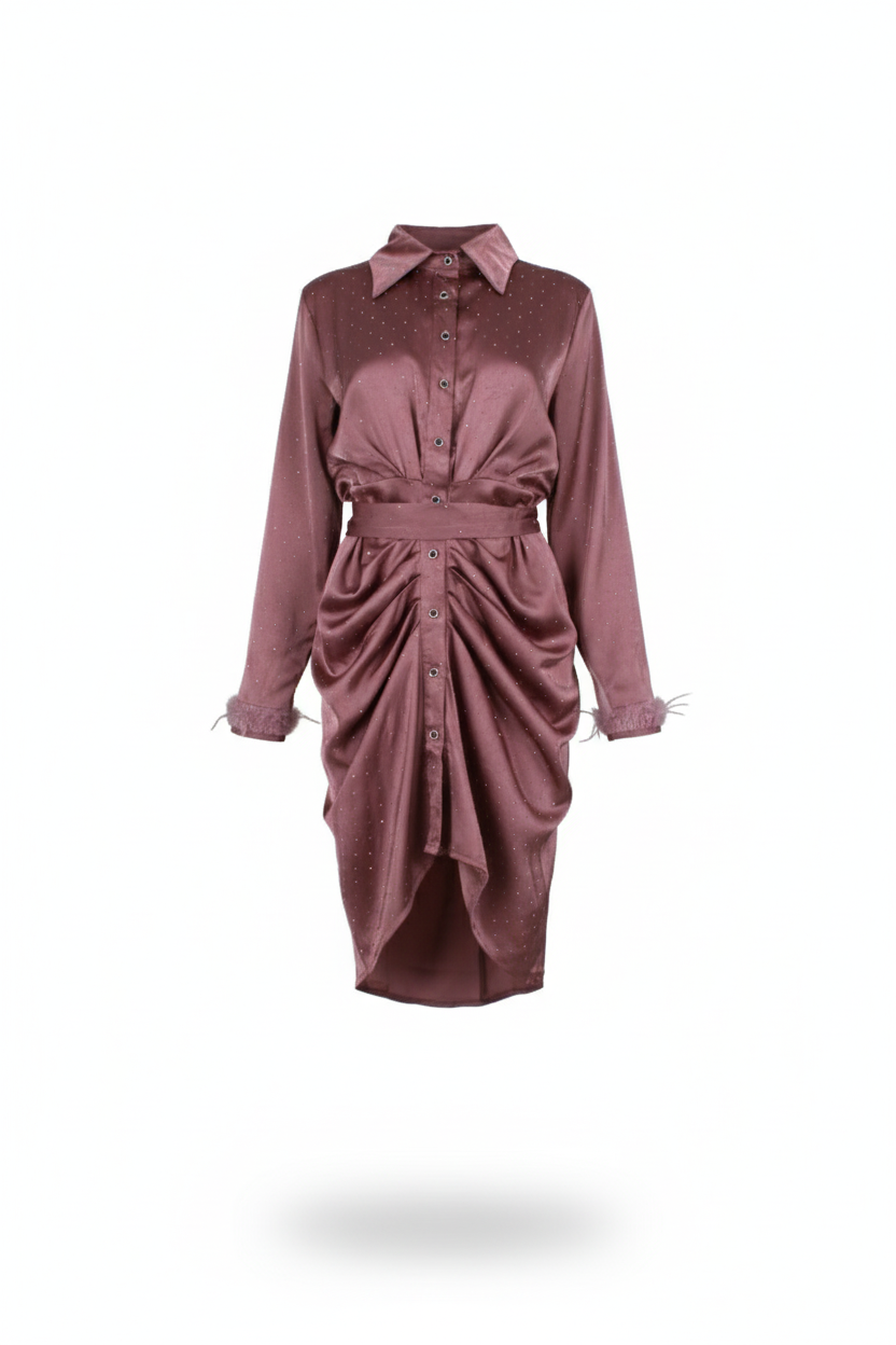  فستان سهرة ساتان سترس وريش 