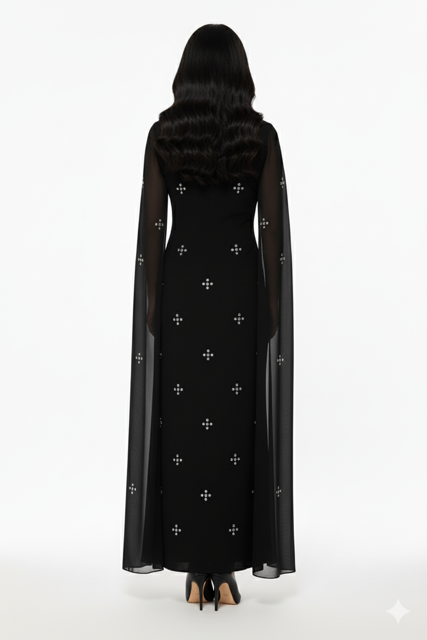 فستان سهرة شيفون بأحجار لامعة وأكمام شفافة