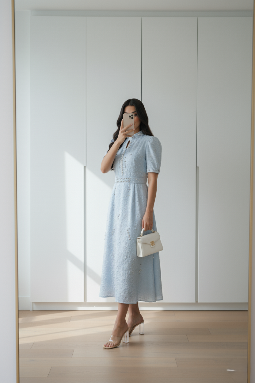 فستان سواريه مرصع بالفصوص مع حزام أنيق