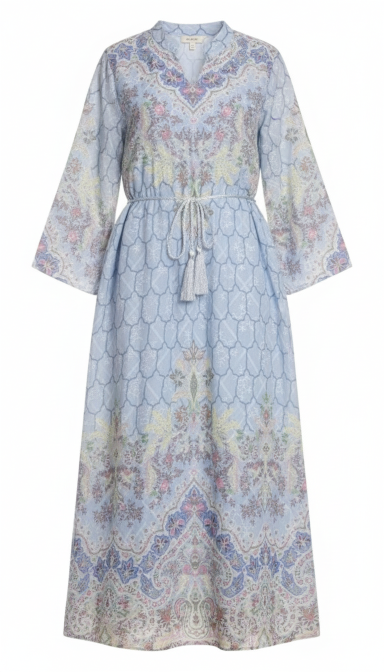 جلابية نسائية شيفون مزركش مع حزام ضفيرة أنيق