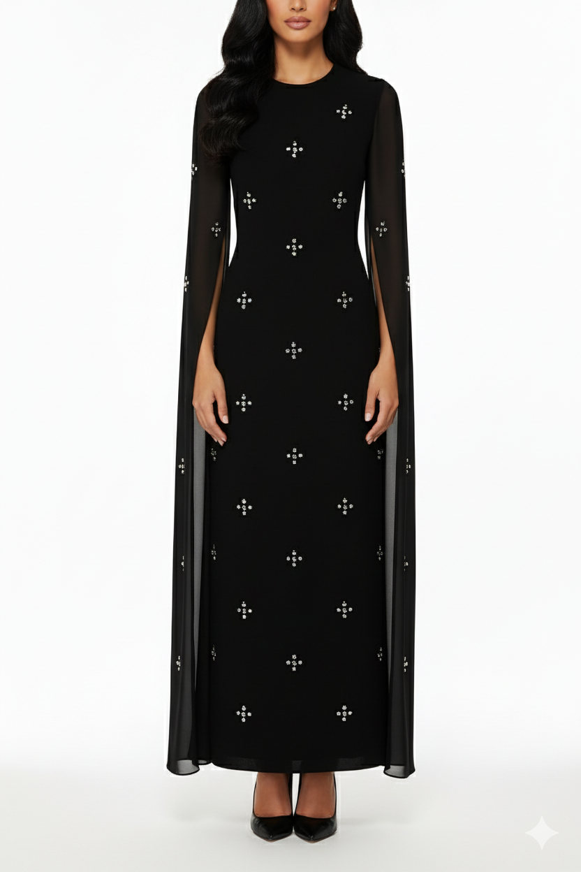 Chiffon Evening Gown  Sparkling Rhinestones with Sheer Cape Sleeves