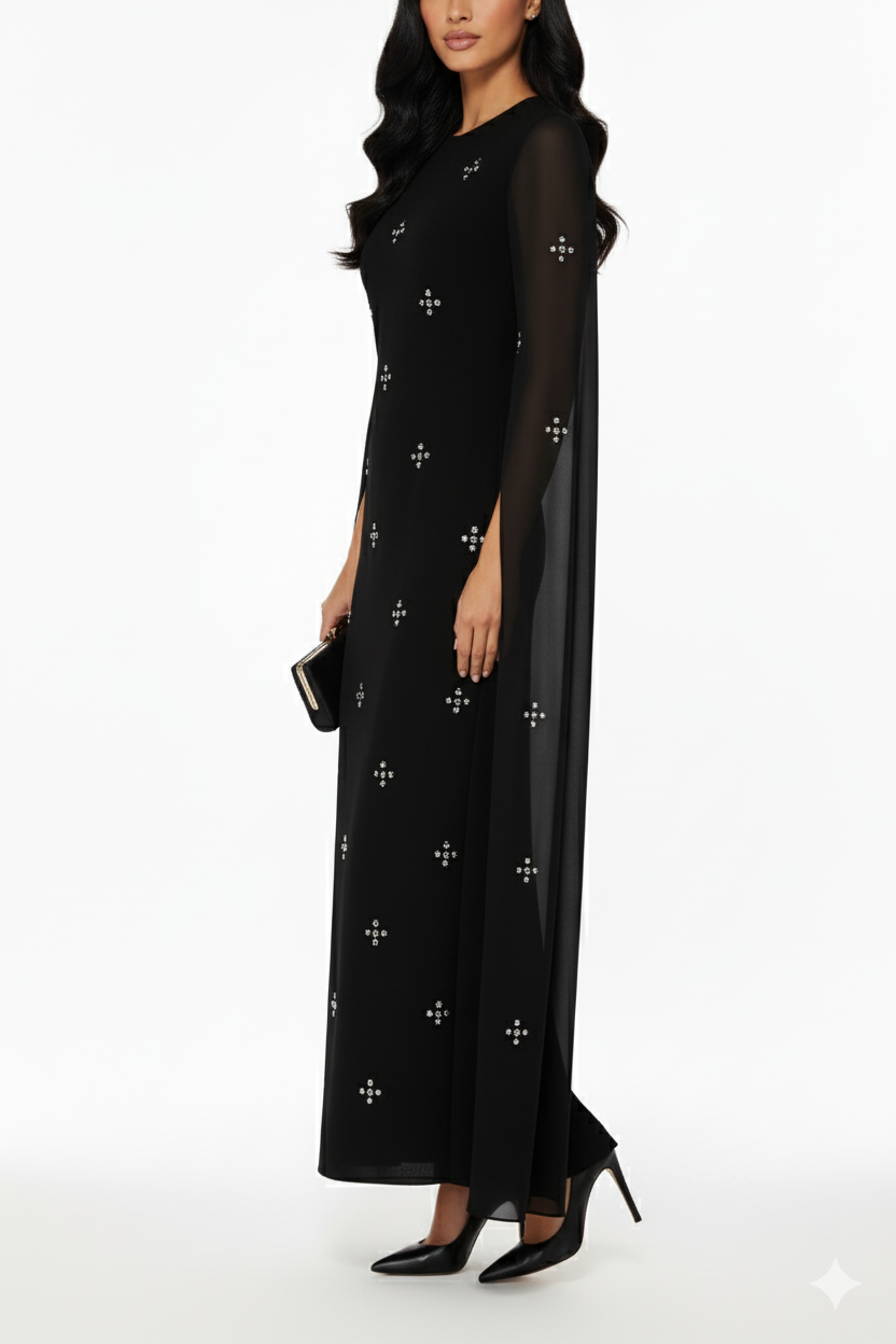 فستان سهرة شيفون بأحجار لامعة وأكمام شفافة