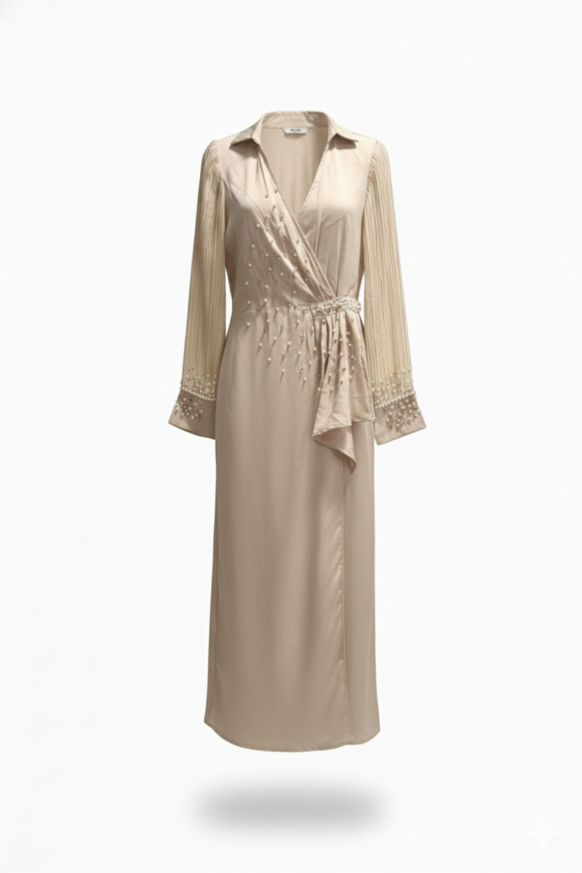  فستان بيج أنيق بتطريز لؤلؤي