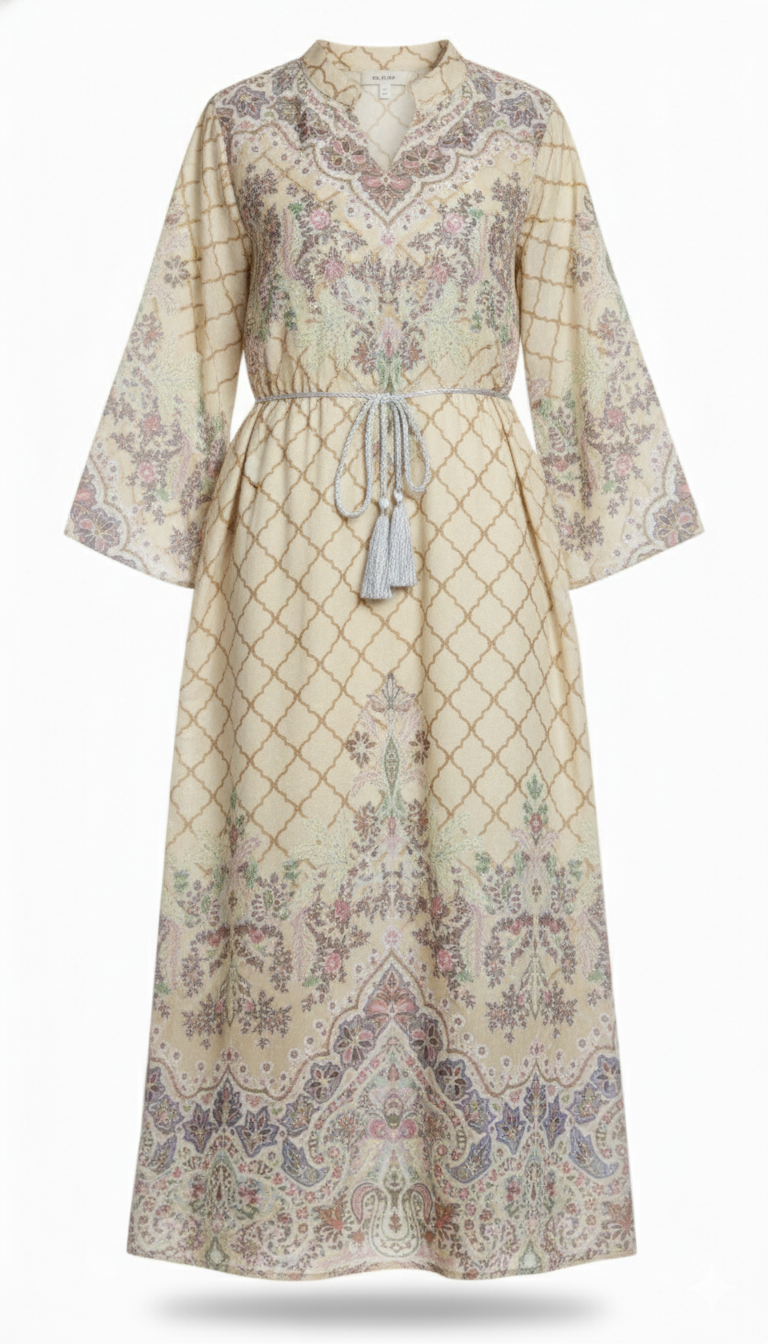 جلابية نسائية شيفون مزركش مع حزام ضفيرة أنيق