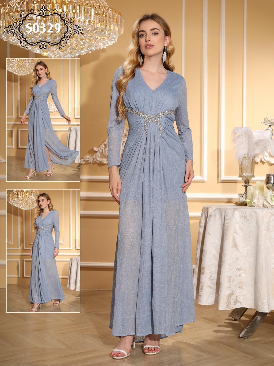  فستان سواريه طويل – تصميم صك بحزام مزين بالفصوص الفضية
