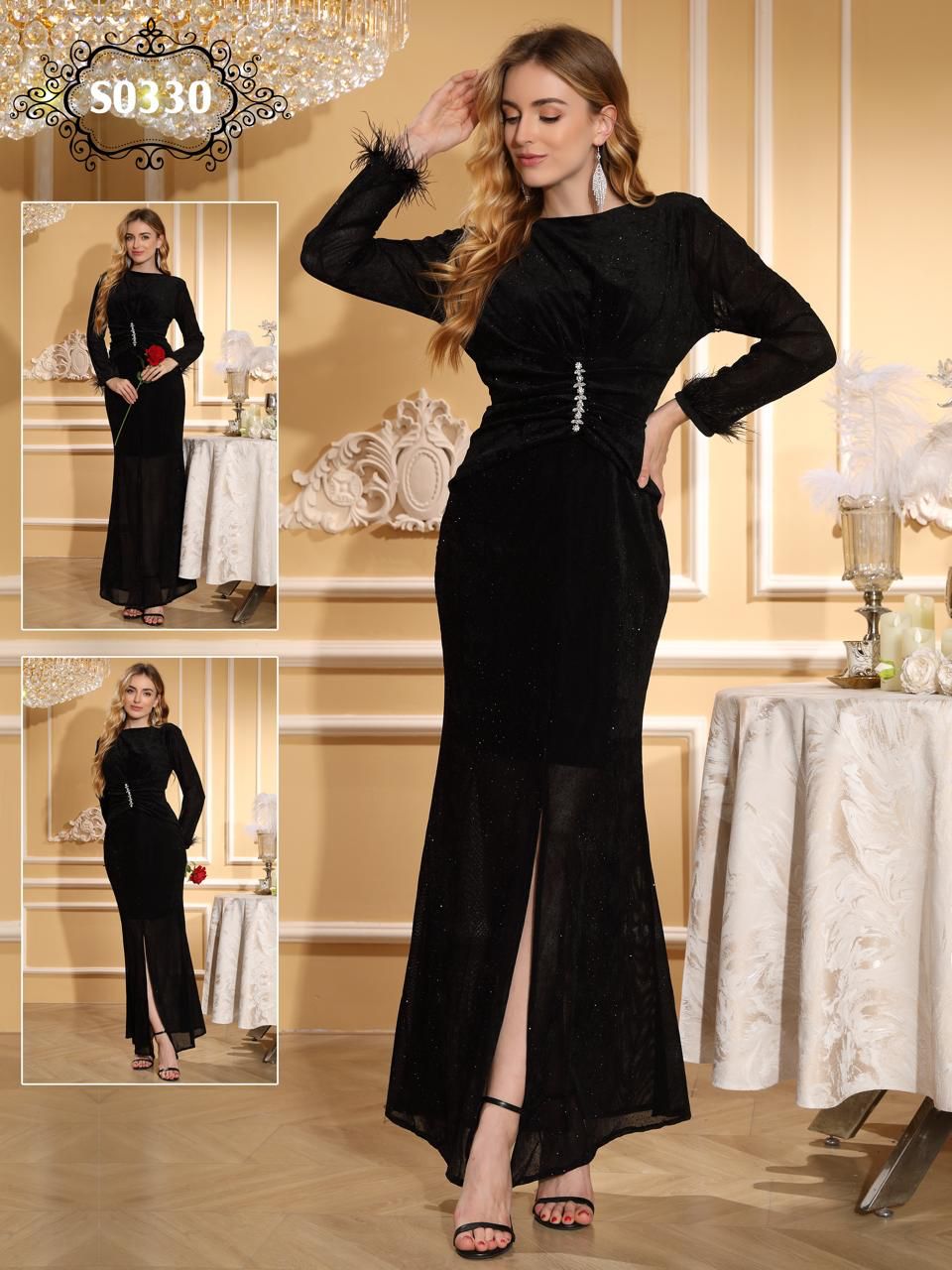 فستان سهرة بأكمام طويلة مع ريش وبريق فاخر