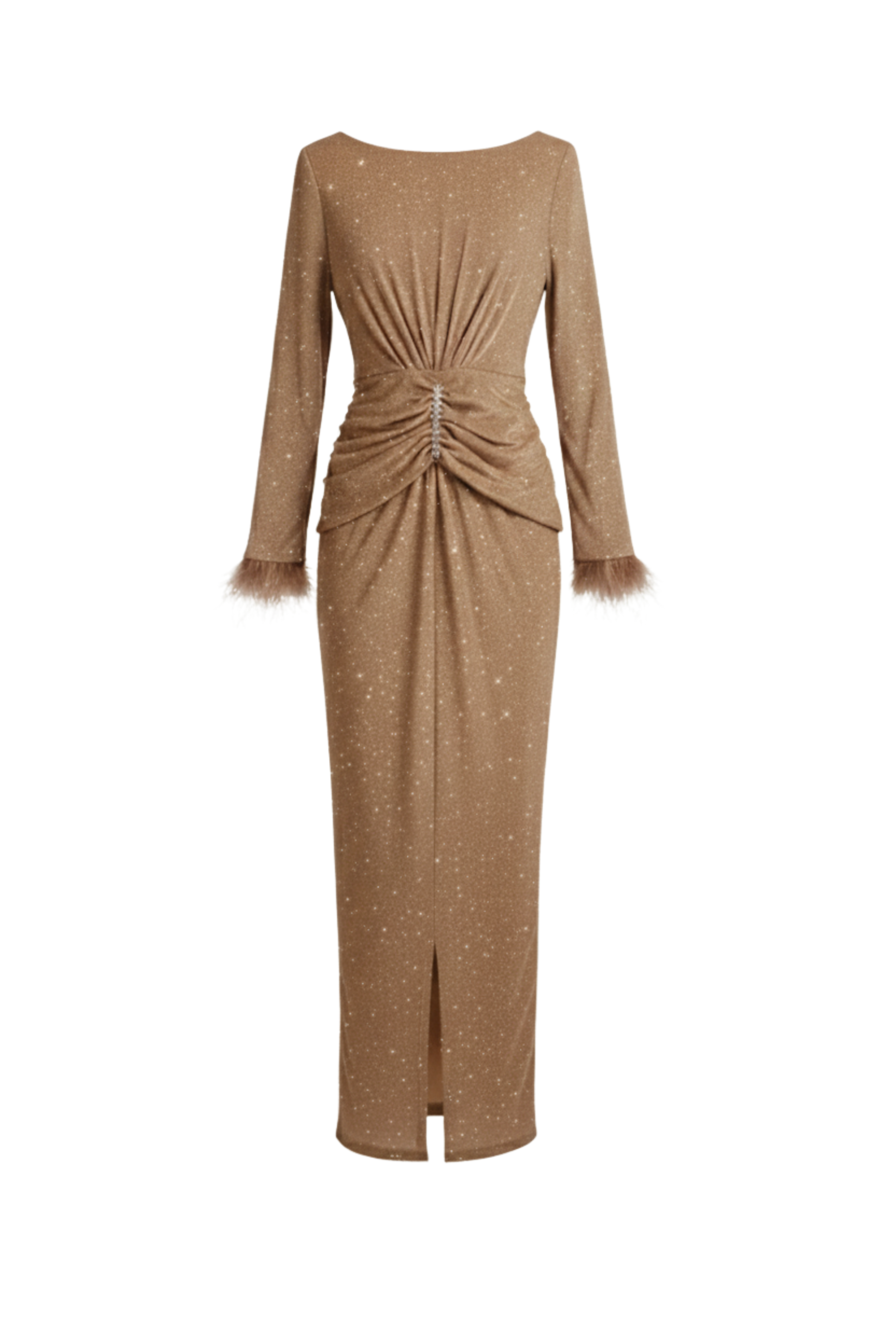 فستان سهرة بأكمام طويلة مع ريش وبريق فاخر