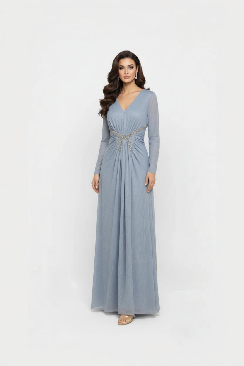 Long soiree dress Bodycon Design with a Belt Adorned with Silver Rhinestones