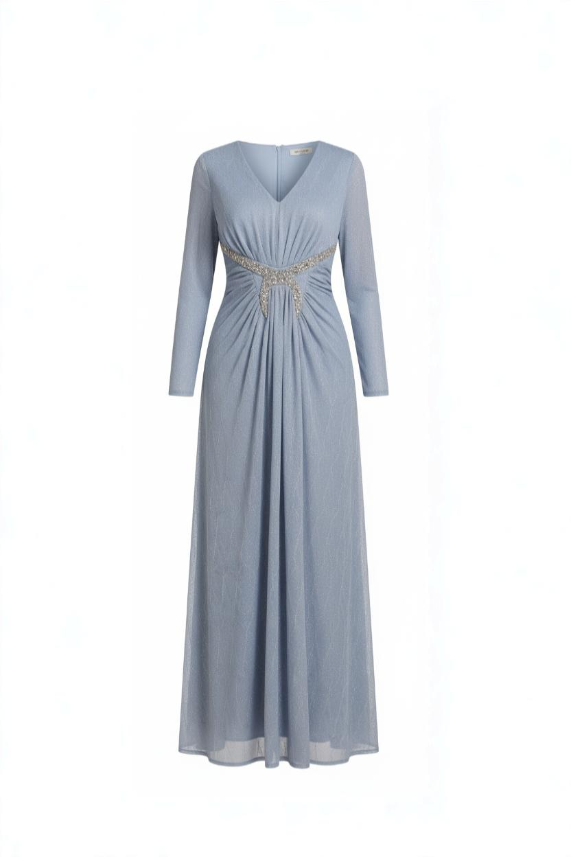  فستان سواريه طويل – تصميم صك بحزام مزين بالفصوص الفضية